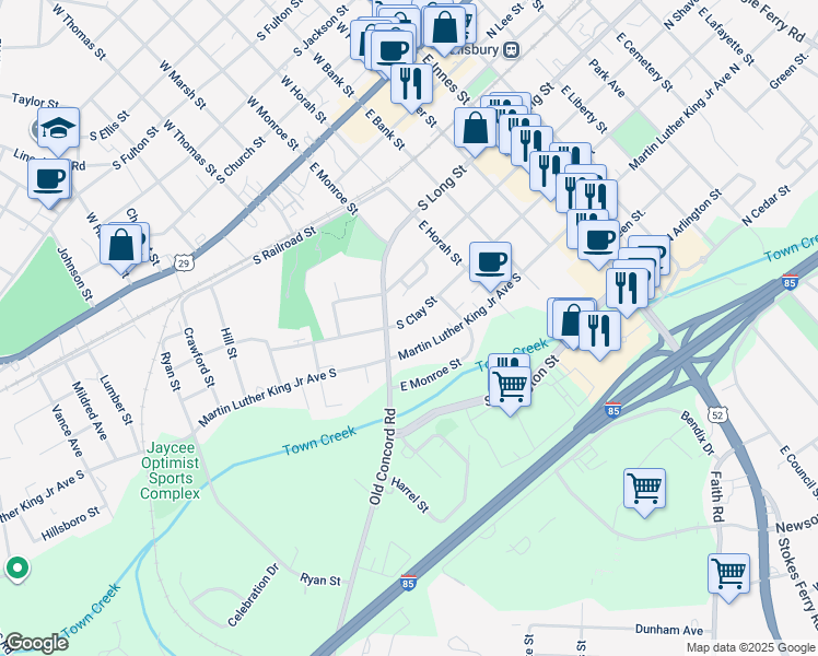 map of restaurants, bars, coffee shops, grocery stores, and more near 525 South Clay Street in Salisbury
