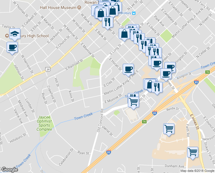 map of restaurants, bars, coffee shops, grocery stores, and more near 525 South Clay Street in Salisbury