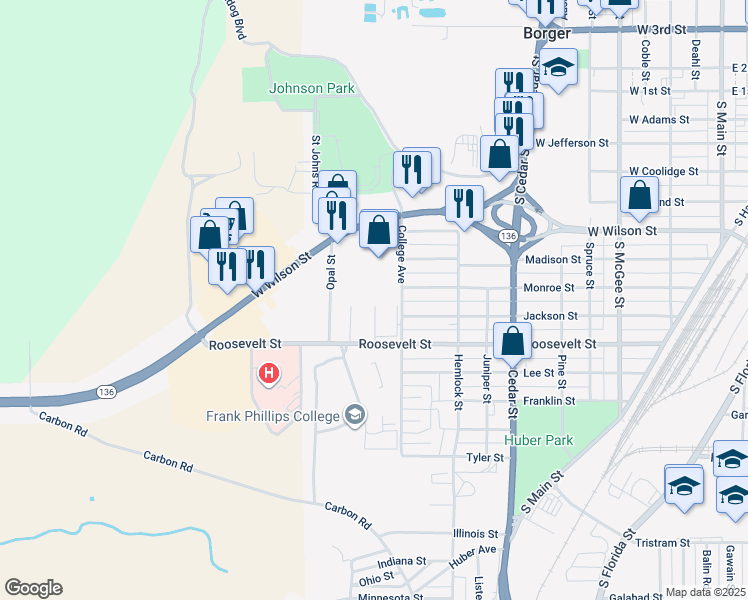 map of restaurants, bars, coffee shops, grocery stores, and more near 900 College Avenue in Borger