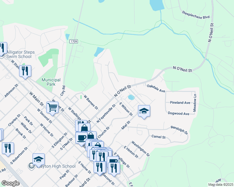 map of restaurants, bars, coffee shops, grocery stores, and more near 613 North O'Neil Street in Clayton