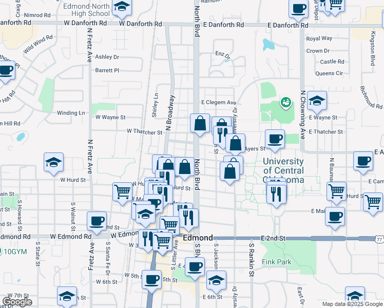map of restaurants, bars, coffee shops, grocery stores, and more near 215 North Boulevard in Edmond