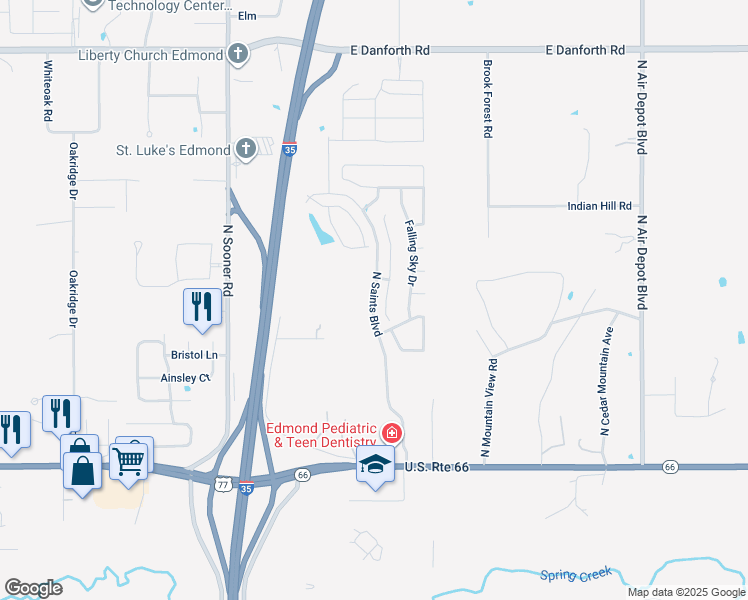 map of restaurants, bars, coffee shops, grocery stores, and more near North Saints Boulevard in Edmond