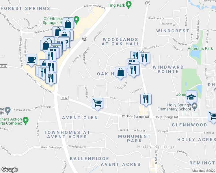 map of restaurants, bars, coffee shops, grocery stores, and more near 201 Stone Hedge Court in Holly Springs