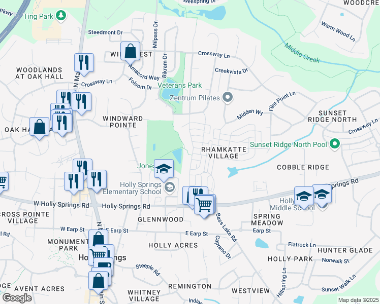 map of restaurants, bars, coffee shops, grocery stores, and more near 392 Skymont Drive in Holly Springs