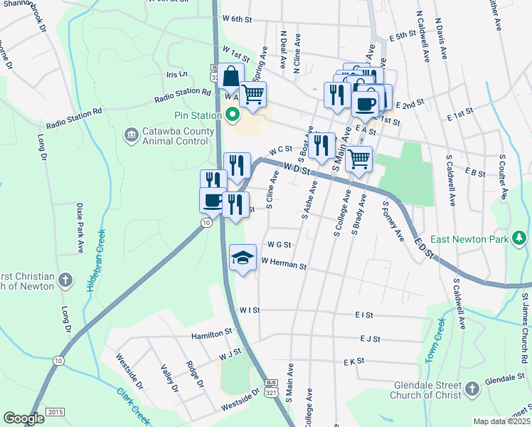 map of restaurants, bars, coffee shops, grocery stores, and more near 305 West F Street in Newton