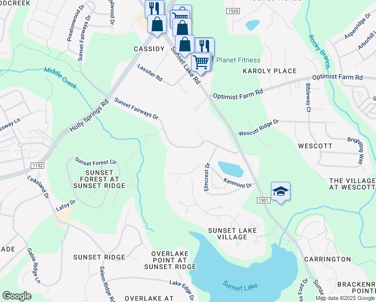 map of restaurants, bars, coffee shops, grocery stores, and more near 5068 Sunset Fairways Drive in Holly Springs