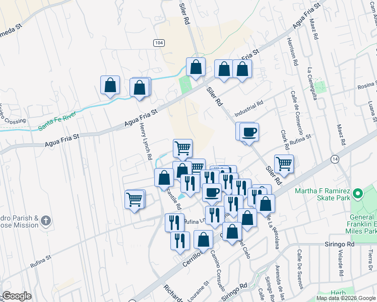 map of restaurants, bars, coffee shops, grocery stores, and more near 1189 Parkway Drive in Santa Fe