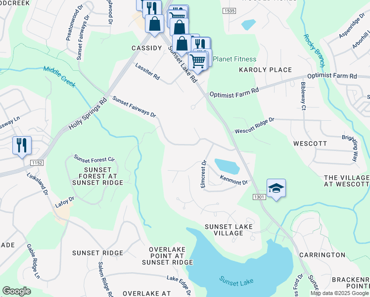 map of restaurants, bars, coffee shops, grocery stores, and more near 5068 Sunset Fairways Drive in Holly Springs