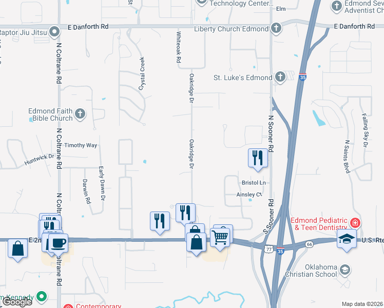 map of restaurants, bars, coffee shops, grocery stores, and more near 401 Oakridge Drive in Edmond