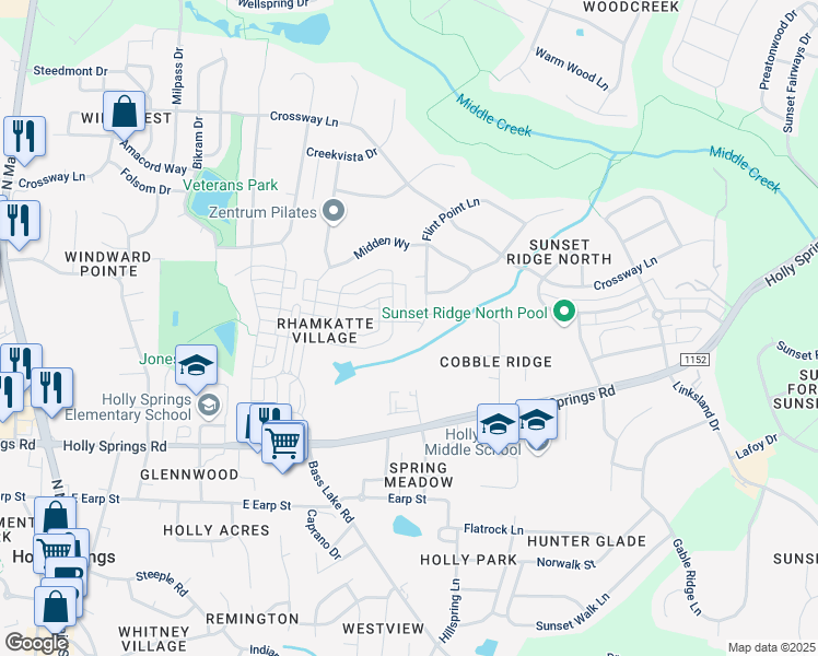 map of restaurants, bars, coffee shops, grocery stores, and more near 109 Masden Road in Holly Springs