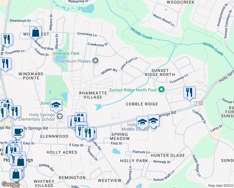 map of restaurants, bars, coffee shops, grocery stores, and more near 109 Masden Road in Holly Springs