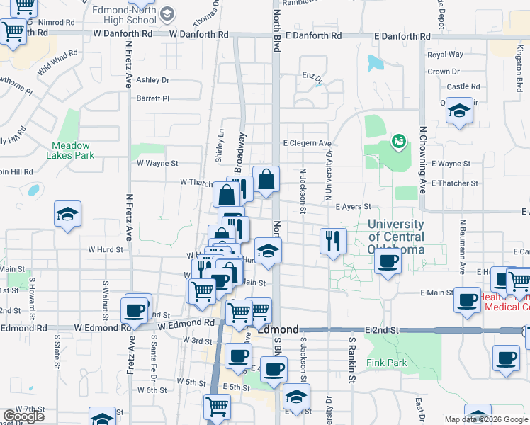 map of restaurants, bars, coffee shops, grocery stores, and more near 215 North Boulevard in Edmond