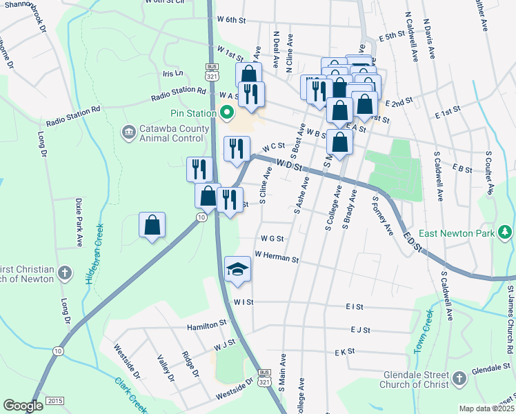 map of restaurants, bars, coffee shops, grocery stores, and more near 305 West F Street in Newton