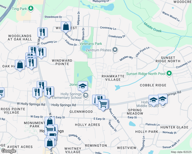 map of restaurants, bars, coffee shops, grocery stores, and more near 364 Skymont Drive in Holly Springs