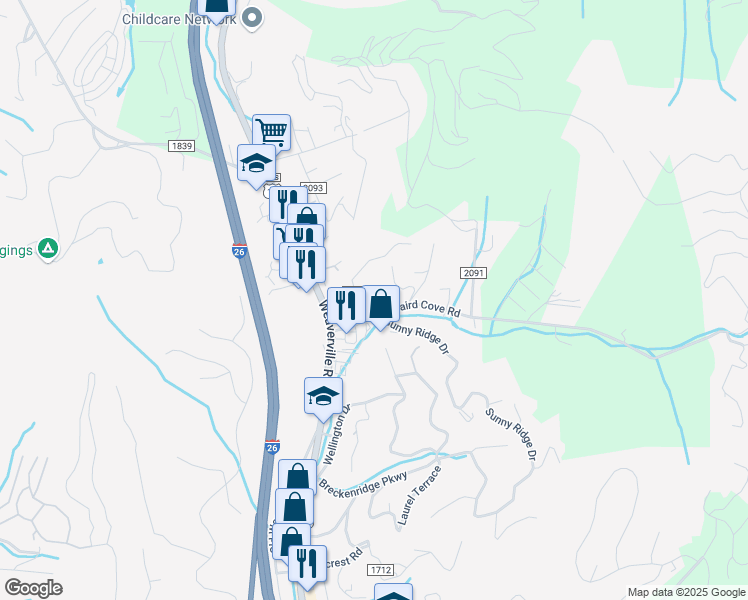 map of restaurants, bars, coffee shops, grocery stores, and more near 1A Lower Barton Road in Asheville