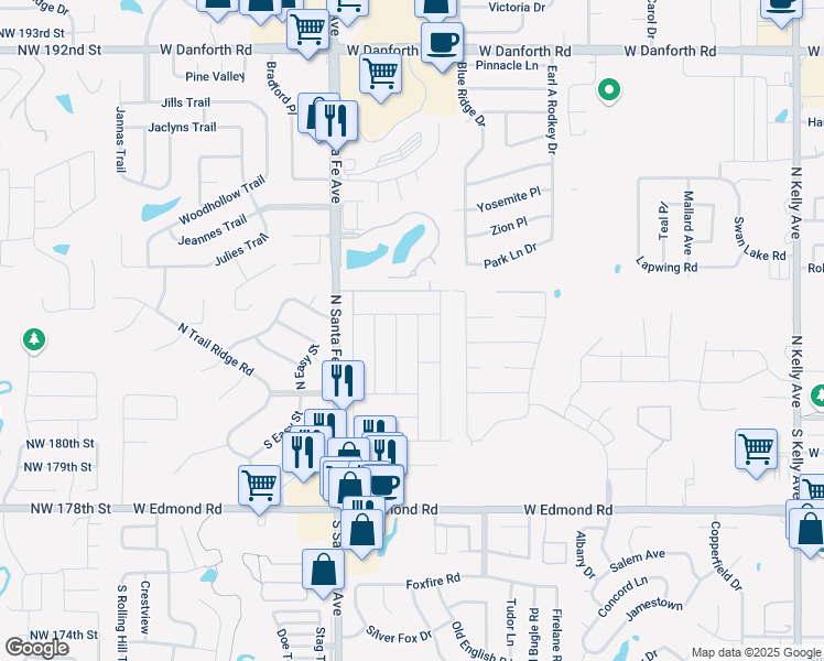 map of restaurants, bars, coffee shops, grocery stores, and more near 204 Grand Fork Road in Edmond
