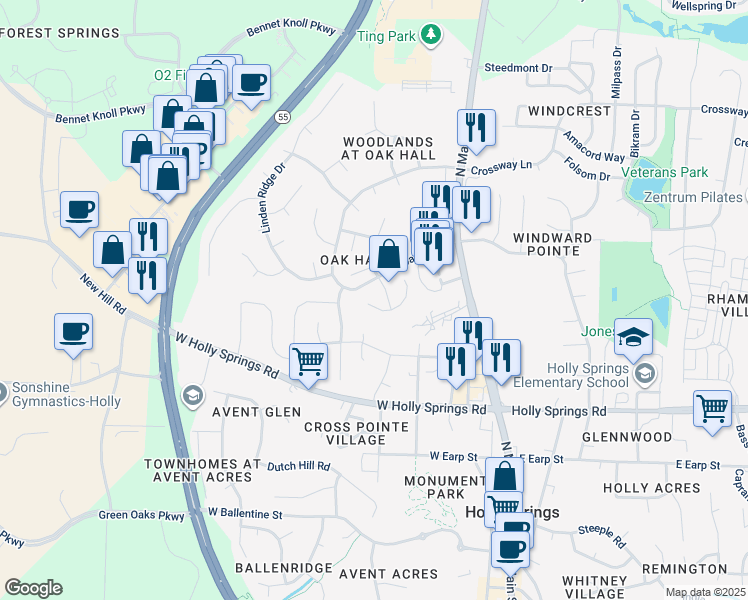 map of restaurants, bars, coffee shops, grocery stores, and more near 312 Hallwood Court in Holly Springs
