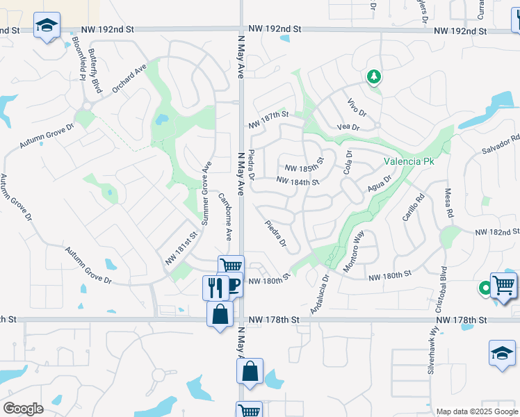 map of restaurants, bars, coffee shops, grocery stores, and more near 18305 Piedra Drive in Edmond