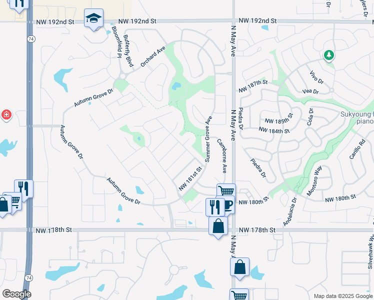 map of restaurants, bars, coffee shops, grocery stores, and more near 3000 Northwest 182nd Terrace in Edmond