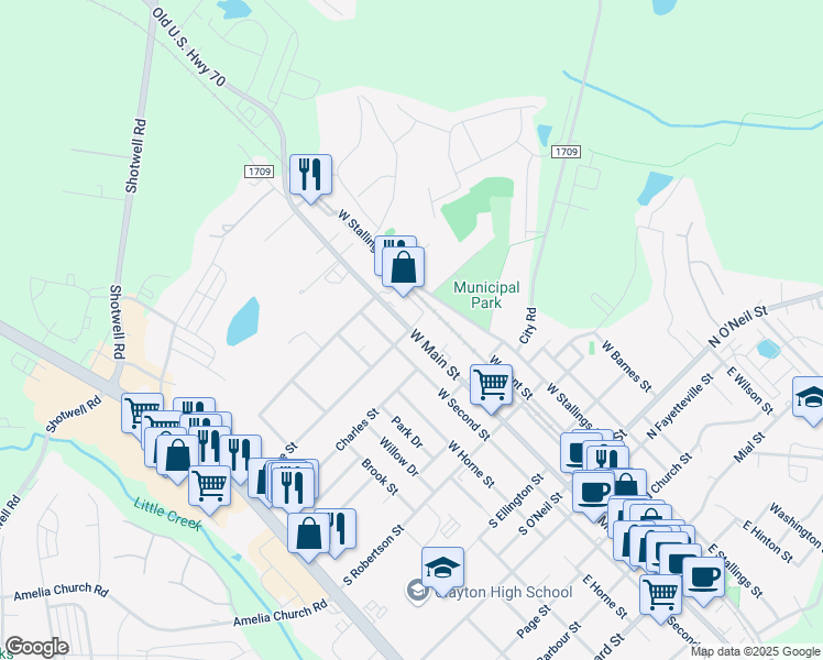 map of restaurants, bars, coffee shops, grocery stores, and more near 688 West Main Street in Clayton