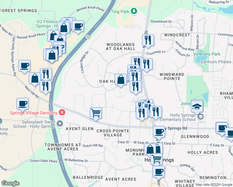 map of restaurants, bars, coffee shops, grocery stores, and more near 312 Hallwood Court in Holly Springs