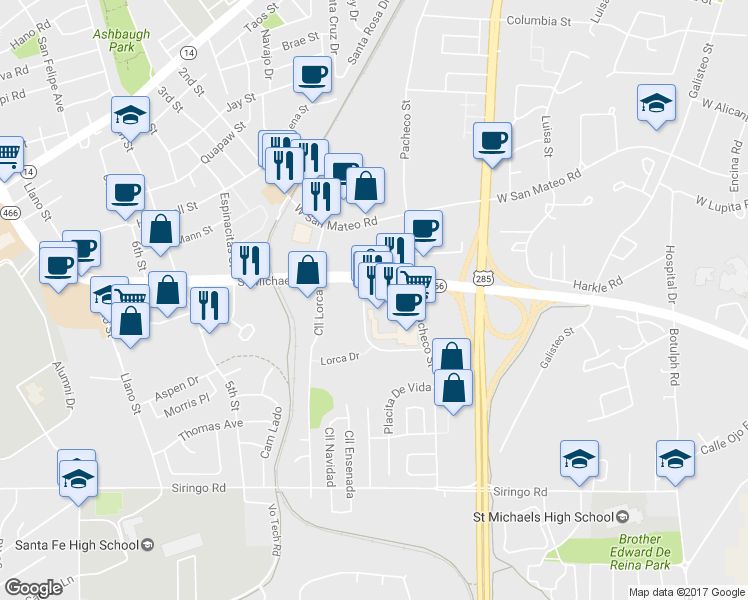 map of restaurants, bars, coffee shops, grocery stores, and more near 1855 Plaza Del Sur Dr in Santa Fe