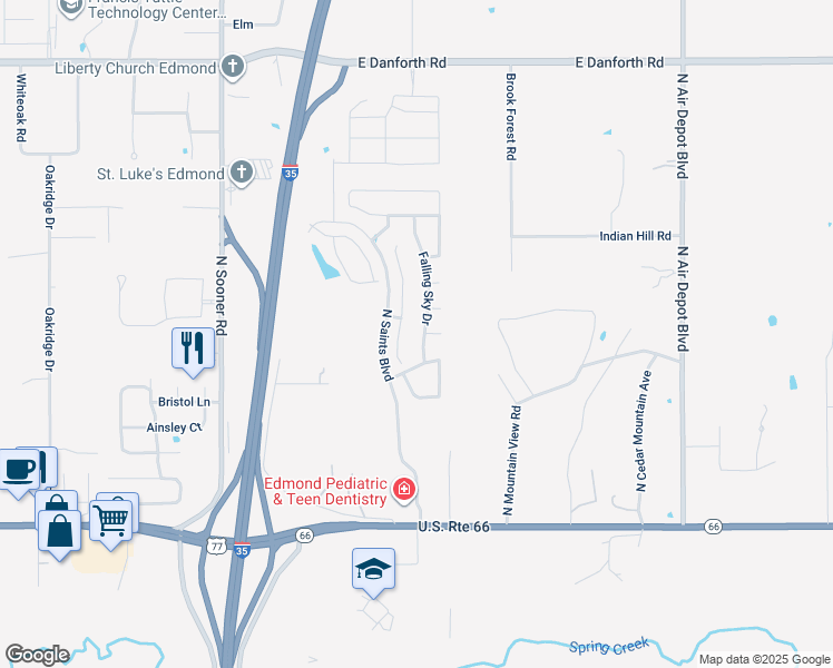 map of restaurants, bars, coffee shops, grocery stores, and more near 401 Falling Sky Drive in Edmond