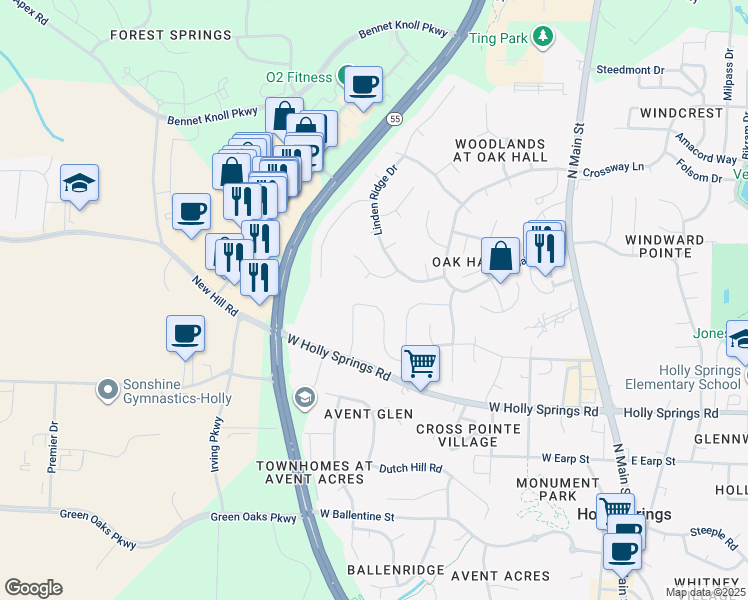 map of restaurants, bars, coffee shops, grocery stores, and more near 178 Hunston Drive in Holly Springs