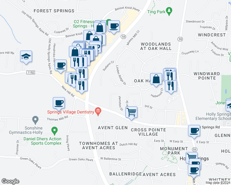 map of restaurants, bars, coffee shops, grocery stores, and more near 176 Hunston Drive in Holly Springs