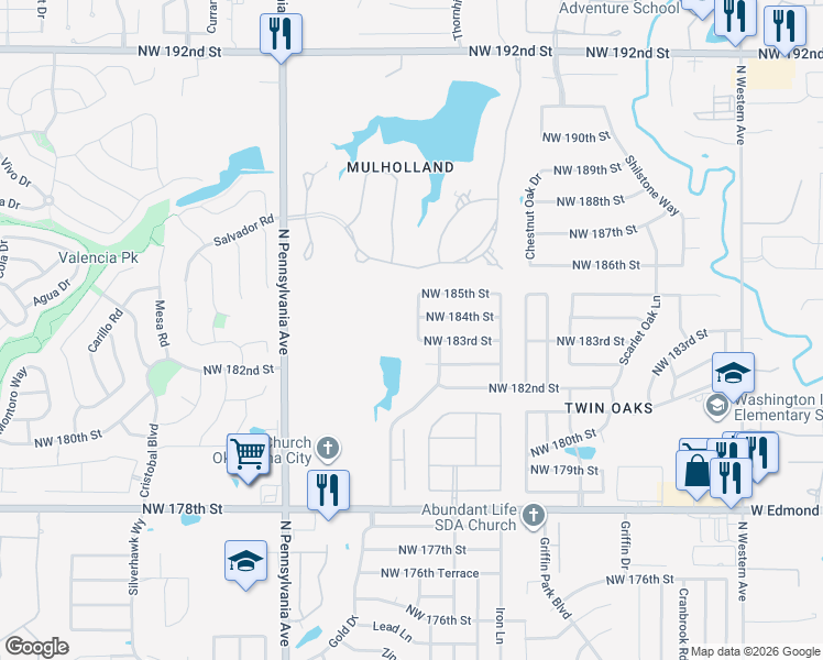 map of restaurants, bars, coffee shops, grocery stores, and more near 1732 Northwest 183rd Street in Edmond