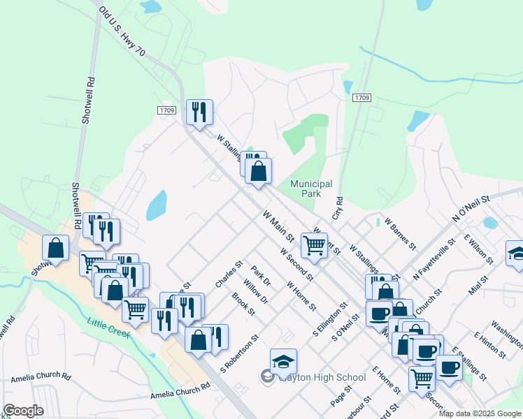 map of restaurants, bars, coffee shops, grocery stores, and more near 688 West Main Street in Clayton