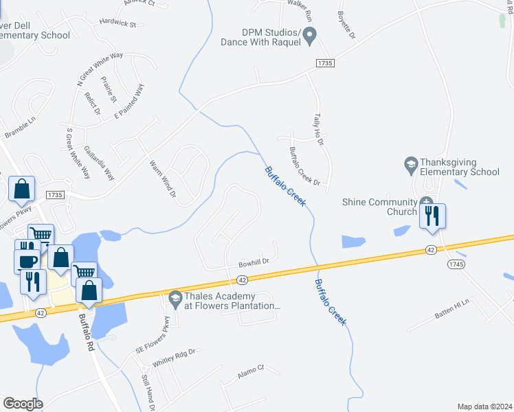 map of restaurants, bars, coffee shops, grocery stores, and more near 317 Mallard Loop Drive in Clayton