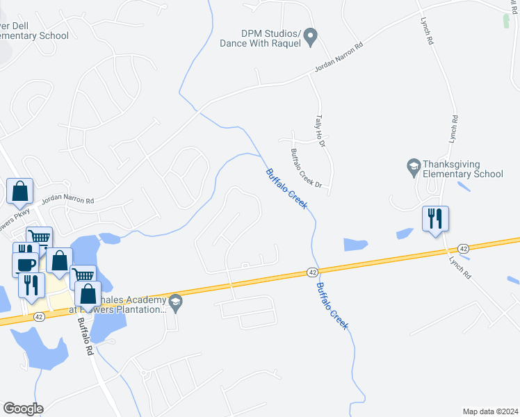 map of restaurants, bars, coffee shops, grocery stores, and more near 317 Mallard Loop Drive in Clayton