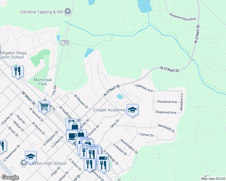map of restaurants, bars, coffee shops, grocery stores, and more near 702 North O'Neil Street in Clayton