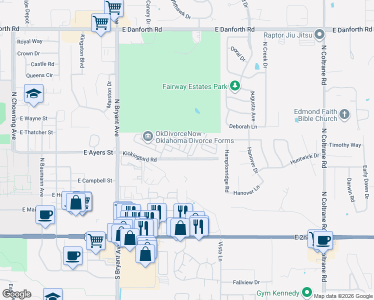map of restaurants, bars, coffee shops, grocery stores, and more near 1911 Three Stars Road in Edmond