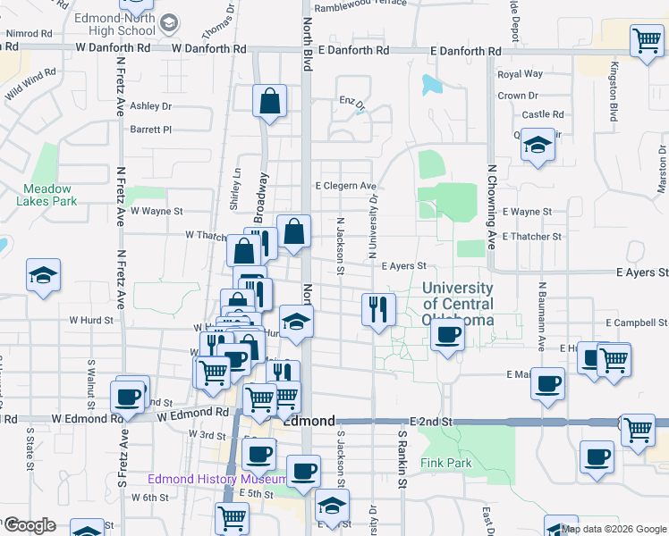 map of restaurants, bars, coffee shops, grocery stores, and more near 209 East Ayers Street in Edmond