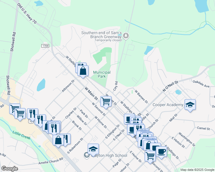 map of restaurants, bars, coffee shops, grocery stores, and more near 612 West Stallings Street in Clayton