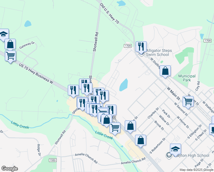 map of restaurants, bars, coffee shops, grocery stores, and more near 109 Enterprise Drive in Clayton