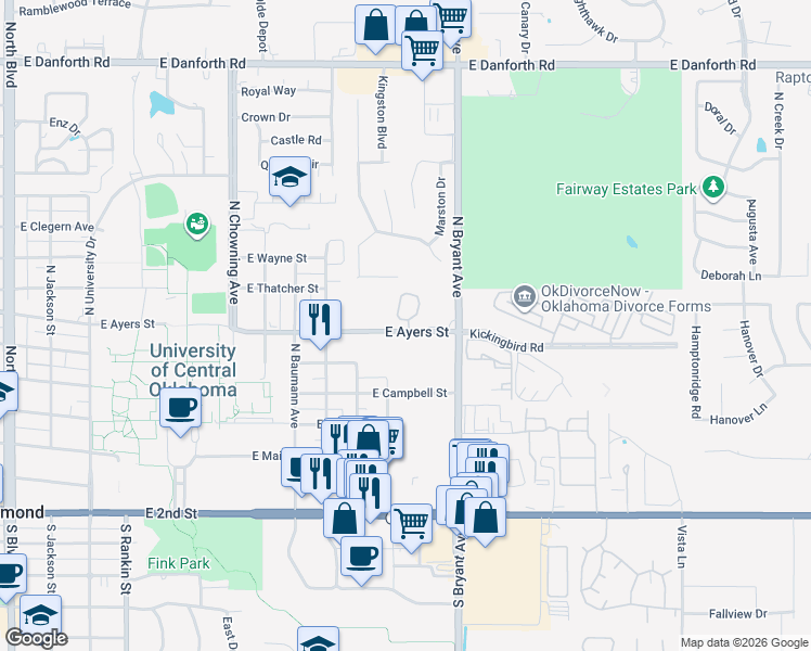 map of restaurants, bars, coffee shops, grocery stores, and more near 1335 East Ayers Street in Edmond