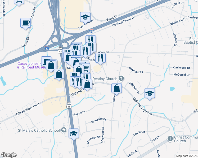 map of restaurants, bars, coffee shops, grocery stores, and more near 533 Old Hickory Boulevard in Jackson