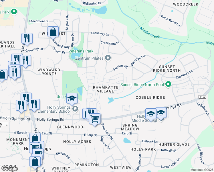 map of restaurants, bars, coffee shops, grocery stores, and more near 322 Masden Road in Holly Springs