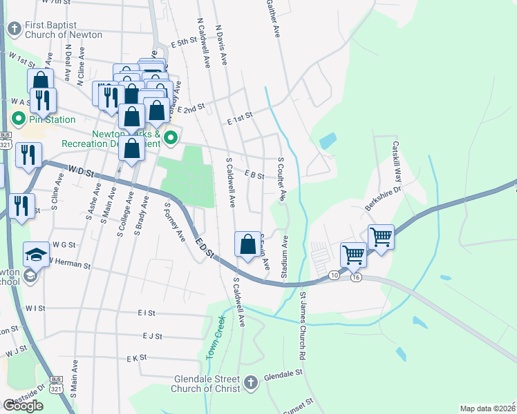 map of restaurants, bars, coffee shops, grocery stores, and more near 126 South Ervin Avenue in Newton
