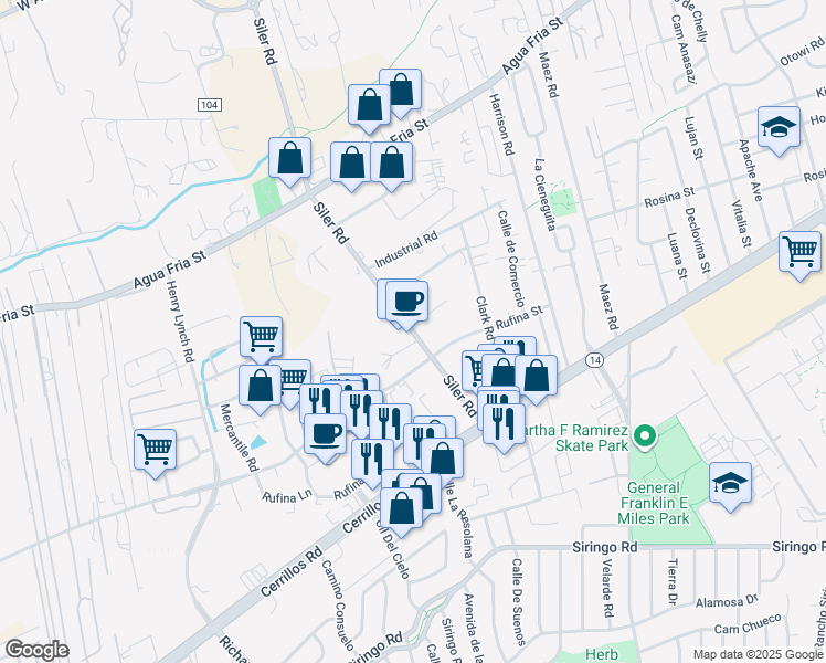 map of restaurants, bars, coffee shops, grocery stores, and more near 1235 Siler Lane in Santa Fe
