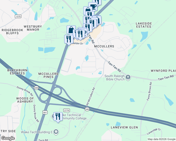 map of restaurants, bars, coffee shops, grocery stores, and more near 2036 Campana Drive in Raleigh
