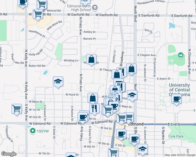 map of restaurants, bars, coffee shops, grocery stores, and more near 416 Chalk Hill Court in Edmond
