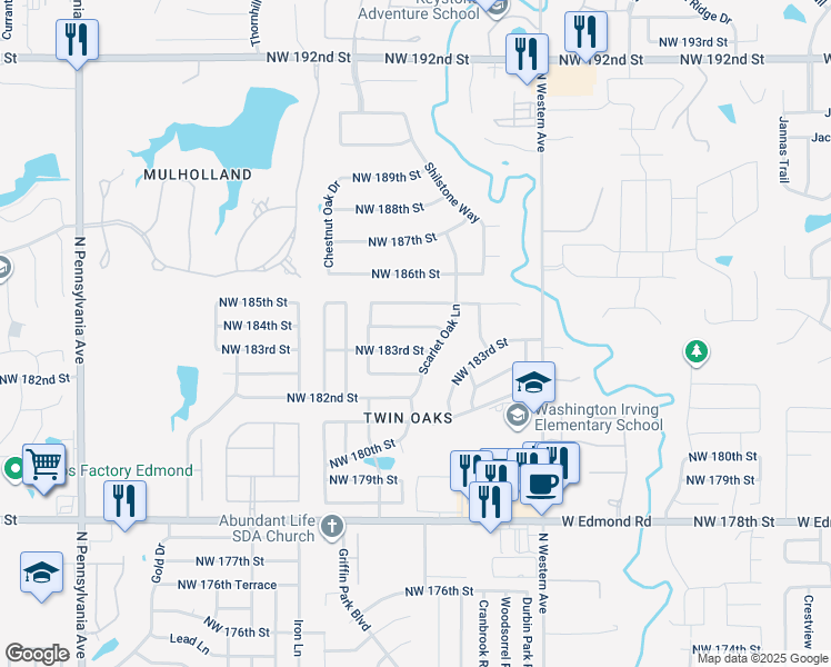map of restaurants, bars, coffee shops, grocery stores, and more near 1312 Northwest 185th Street in Edmond