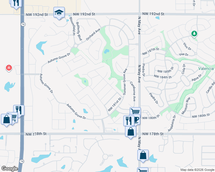 map of restaurants, bars, coffee shops, grocery stores, and more near 18404 Scarborough Drive in Edmond