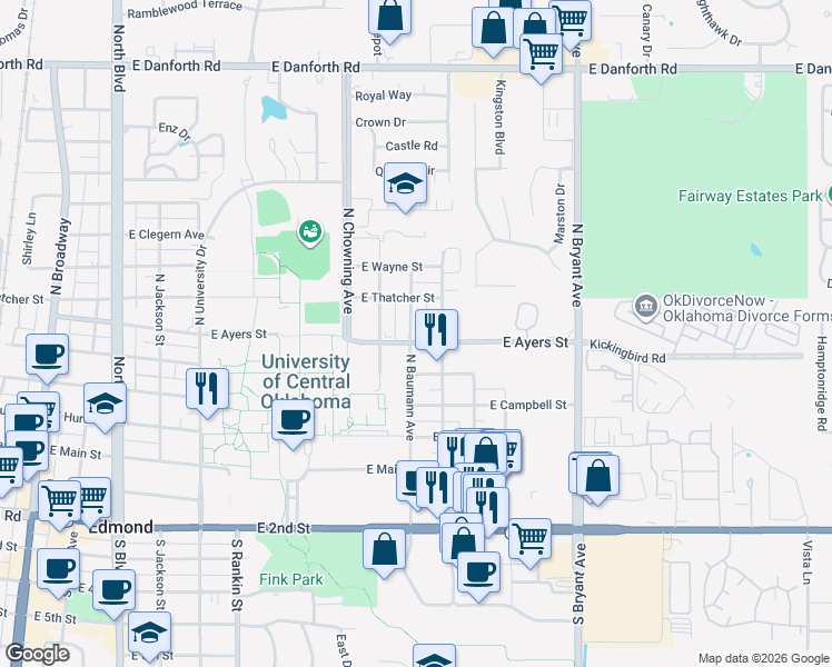 map of restaurants, bars, coffee shops, grocery stores, and more near 404 North Baumann Avenue in Edmond