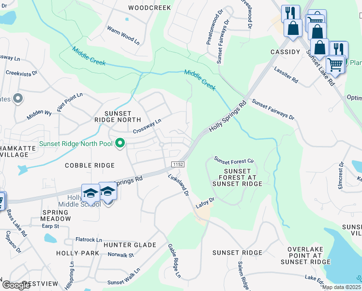 map of restaurants, bars, coffee shops, grocery stores, and more near 160 Lumina Place in Holly Springs
