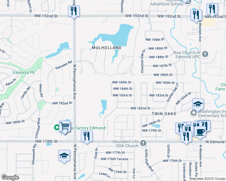 map of restaurants, bars, coffee shops, grocery stores, and more near 1724 Northwest 184th Street in Edmond